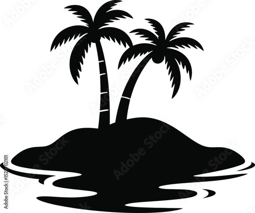 A black and white illustration of a tropical island with two palm trees and water around the island silhouette