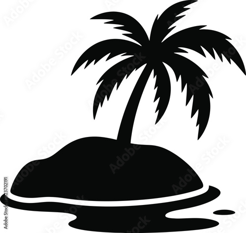 A silhouette of a palm tree on a small island surrounded by water in a simple black and white design