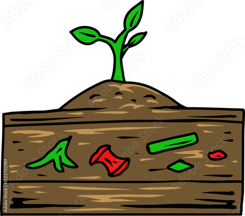 Cartoon compost cross-section with sprouting plant and organic waste