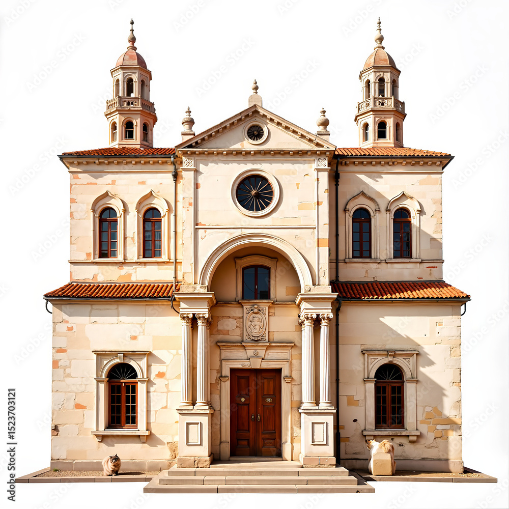 Fototapeta premium Historic stone church with decorative tower architecture - Concept of World Heritage Day 