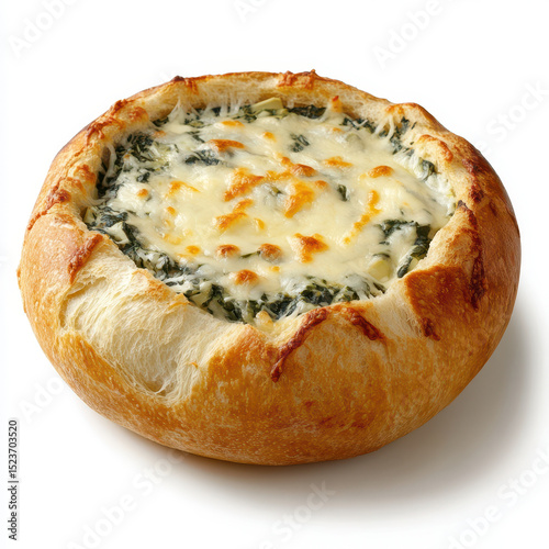 Creamy spinach and cheese dip served in a warm, crusty bread bowl on a white background