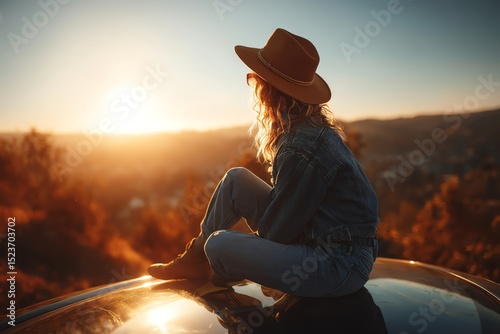 A person in casual attire sits atop a car gazing thoughtfully at a breathtaking sunset over rolling hills, embodying freedom and adventure. photo
