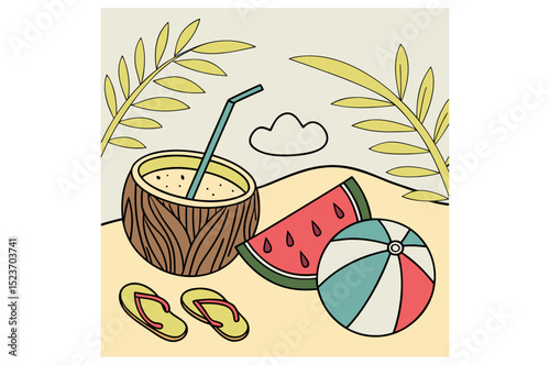 Tropical vector illustration of a summer beach with palm trees and a cocktail, perfect for a sunny vacation