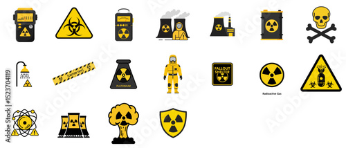 Radiation hazard icon set for safety manuals, science infographics and nuclear facility designs