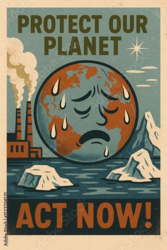 Vintage Climate Change Poster Earth Melting Pollution Industrial Smokestacks Global Warming Crying Planet Environmental Awareness Mid Century Retro Illustration Distressed Texture