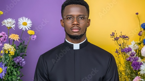 Portrait of a young Black man wearing a clergy collar, glasses, against a vibrant purple and yellow background with colorful flowers