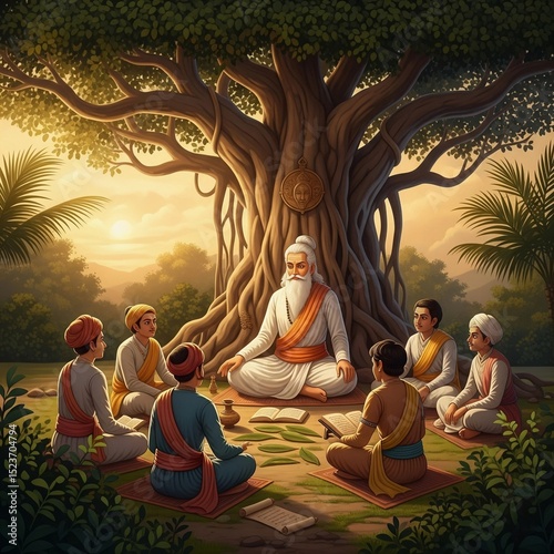 Ancient Gurukul Scene – Sage Teaching Disciples Under Banyan Tree at Sunset
Beautifully detailed illustration depicting a traditional Gurukul setting from ancient India