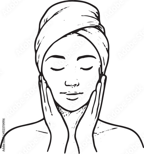 A hand-drawn sketch of a serene woman with a towel wrapped around her head, symbolizing spa relaxation and facial care in a minimalist black-and-white style