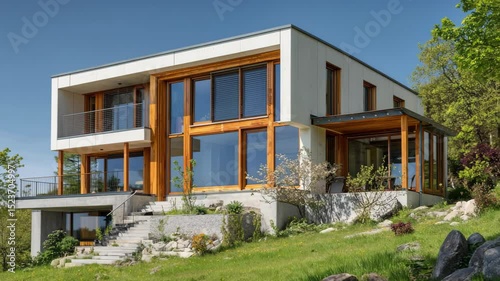 A modern house or infrastructure with solar panels on a sunny day, circling video shoot, modern home design and theme, professional videography