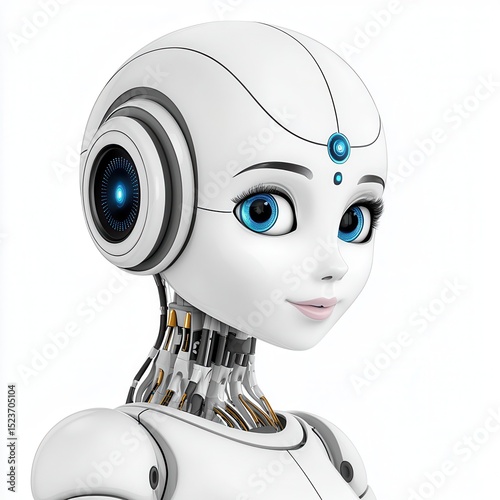 Close up portrait of a female robot with white skin, blue eyes, and metallic components. The robot has a friendly expression and is set against a