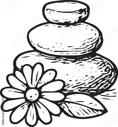 A stack of smooth massage stones sketch, representing hot stone therapy and relaxation in a clean, black-and-white illustration