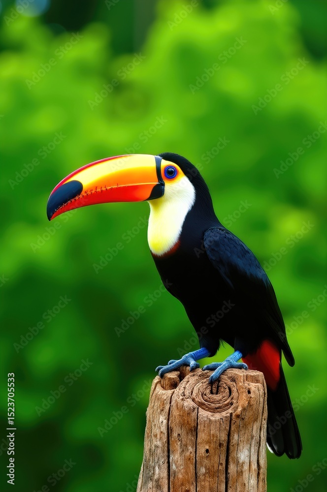 Obraz premium Colorful toucan perched on post, lush greenery behind
