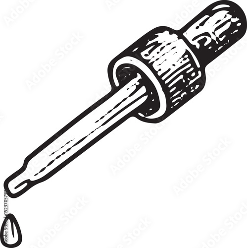 A detailed sketch of an essential oil bottle with a dropper, representing natural skincare and aromatherapy in a minimalist style