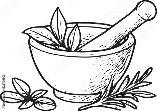 A mortar and pestle with herbs sketch, symbolizing natural remedies and holistic wellness in black-and-white