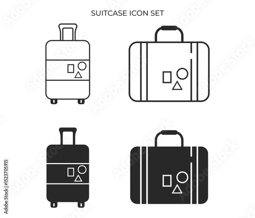 Set of four icons depicting luggage and suitcases in outline and solid styles, featuring a square, circle, and triangle design.