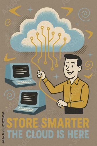 Retro Cloud Computing Concept with Vintage Computers and Smiling Worker in Mid Century Modern Style