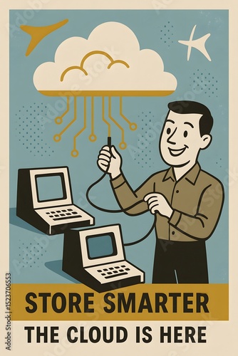 Vintage Cloud Computing Poster Retro Style Illustration with Smiling Worker Connecting Old Computers to Digital Cloud with Circuit Lines and Halftone Background