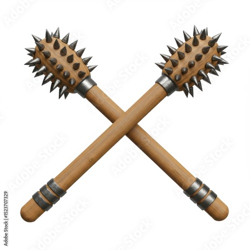 Two crossed maces with spikes isolated on white background