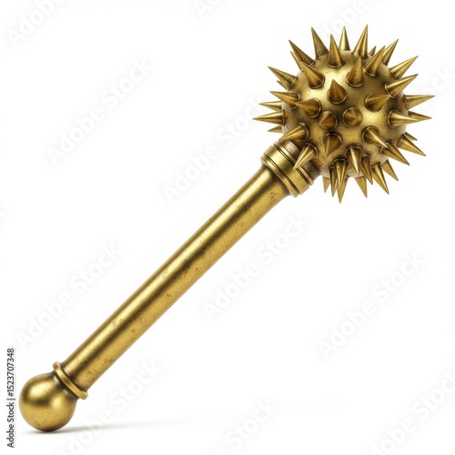 Golden mace weapon with spikes isolated on white background