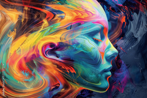 Abstract image of a human head filled with glowing, swirling colors and neural connections. A respectful metaphor for autism and neurodiversity.