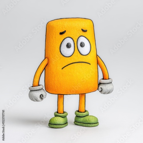 Sad cartoon character, orange block shape, simple design, wearing gray gloves and green shoes, against a white background. Digitally rendered