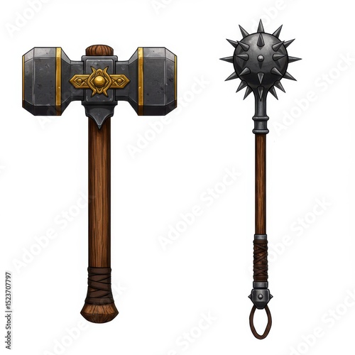 Hammer and mace medieval weapons isolated on white background