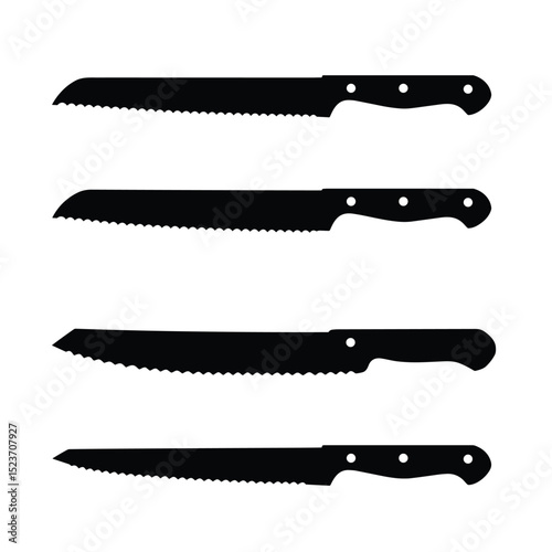 Knife for butcher. Kitchen knives. Set of sharp knives for barbecue, cheese, meat, bread, fish, vegetable and steak. Cutlery for dining, chef and restaurant. Blade with handle.