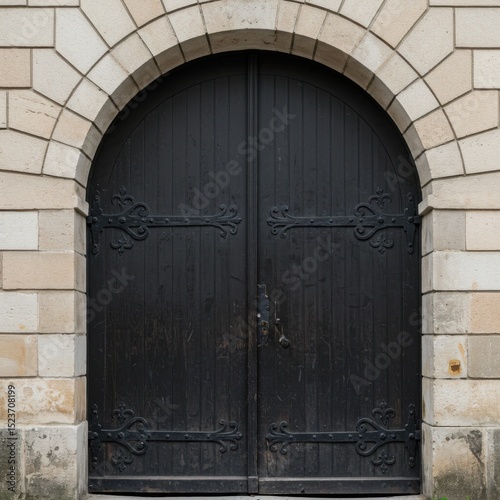 Arched wooden door with stone frame isolated on white background