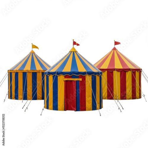 Three colorful circus tents with flags isolated on white background