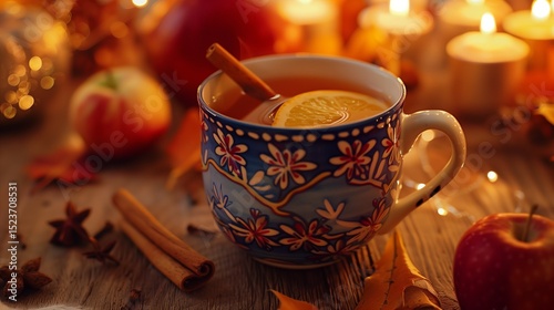 A cup of hot mulled cider with a cinnamon stick, on a festive autumn table.