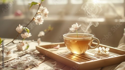 A cup of steaming green tea, with a blooming flower inside, on a wooden tea tray.