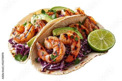 Shrimp tacos with lime slice, red cabbage, avocado, cilantro, grilled seafood with fresh ingredients in soft tortillas