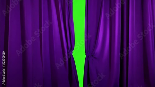 purple curtain opening isolated on green chroma key background stage theater reveal fabric motion elegant textile animation