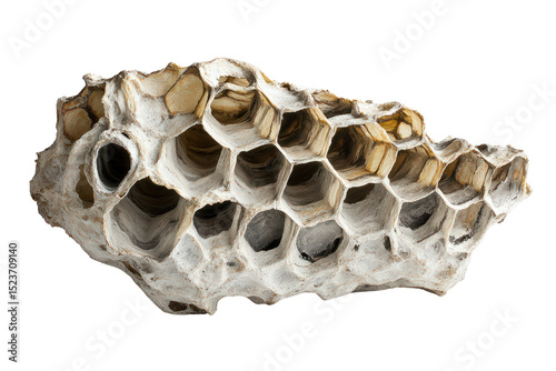 Empty wasp nest with hexagonal cells, papery texture and organic structure, represents insect habitat and natural architectural design.
