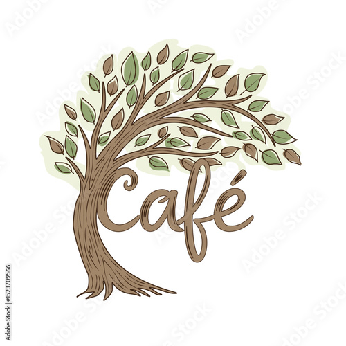 Tree branch with green and brown leaves forms "Café" text, hand-drawn vintage design for coffee shop logos, natural drink branding, and organic café themes.