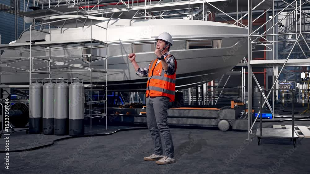 Full Body Side View Of Asian Male Engineer With Safety Helmet Screaming Goal Celebrating Working with Yacht Construction in Modern Shipyard Full Body Side View Of Asian Male Engineer With Safety Helmet Screaming Goal Celebrating Working with Yacht Construction in Modern Shipyard