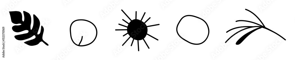Obraz premium Set of five natural icons isolated on white background. In black and white, leaves and abstract shapes. Environment, nature, flora. Decoration for postcards, posters, business cards, invitations.