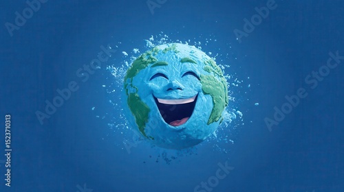 Joyful Earth character laughting on blue background Happy Earth photo