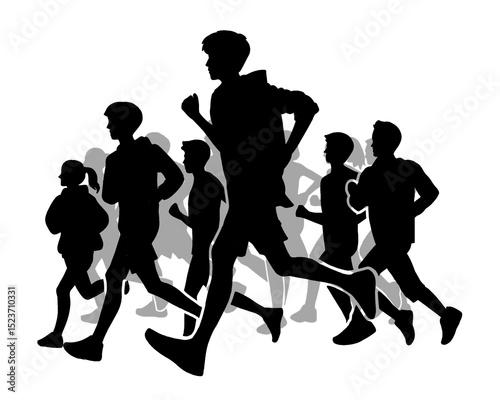 Silhouette of crowd of young people running, morning jogging, side view, isolated icon on white background.