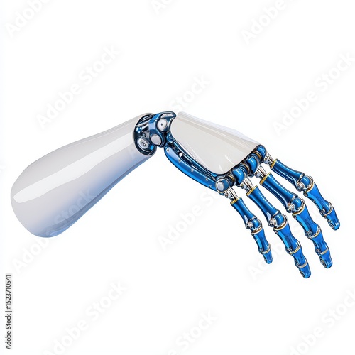 Robotic arm with blue joints and white body, posed against a white background. The arm is partially extended, fingers slightly splayed
