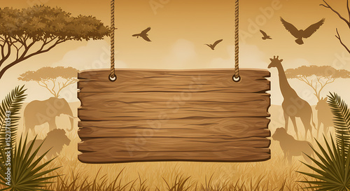 African Jungle Safari Background with Wooden Signboard and Wild Animal Silhouettes – Vector Illustration