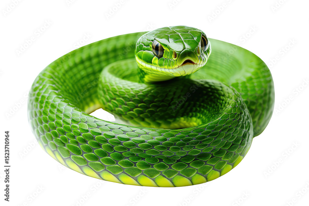 Fototapeta premium Green snake coiled up with shiny scales, alert expression and forked tongue, exotic reptile often found in rainforests.