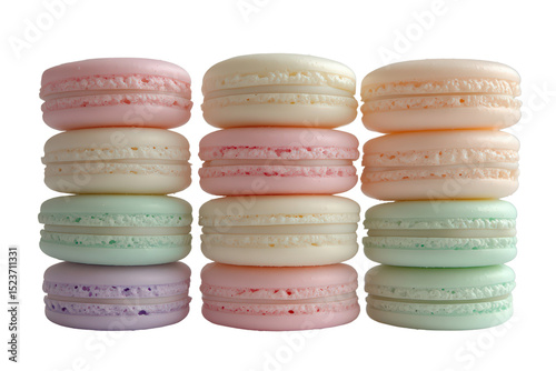 Colorful macarons stacked in rows, soft pastel tones with smooth texture, light dessert ideal for festive or elegant occasions.


