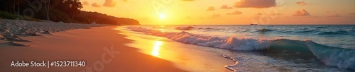 Serene coastal scene at sunset Golden light illuminates the sand, tranquil waves gently lapping the shore Perfect for travel, nature, or relaxation themes , sunset, sun, peaceful