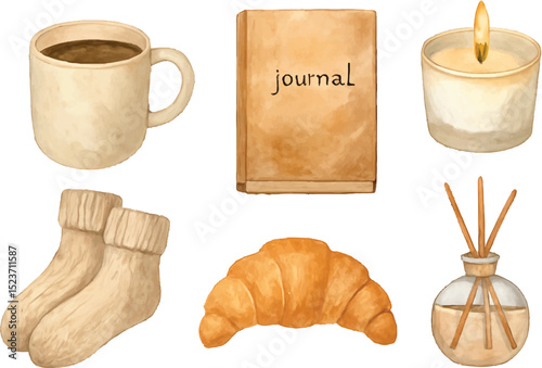 A warm and peaceful watercolor collection of cozy morning routine elements. Perfect for mental health content, planners, lifestyle blogs, and journals