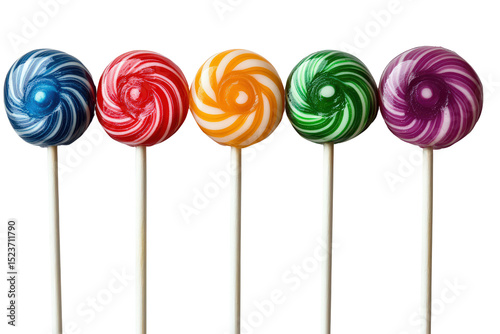  Swirled lollipops in blue, red, yellow, green, purple, vibrant candy on sticks, playful and sweet treat perfect for kids and events