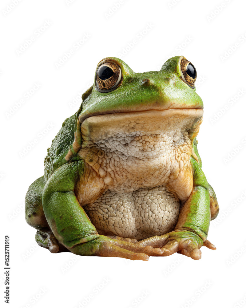 Obraz premium Close-up of chubby frog sitting pose, fine skin texture and coloration, isolated on isolated on Transparent background, PNG file.