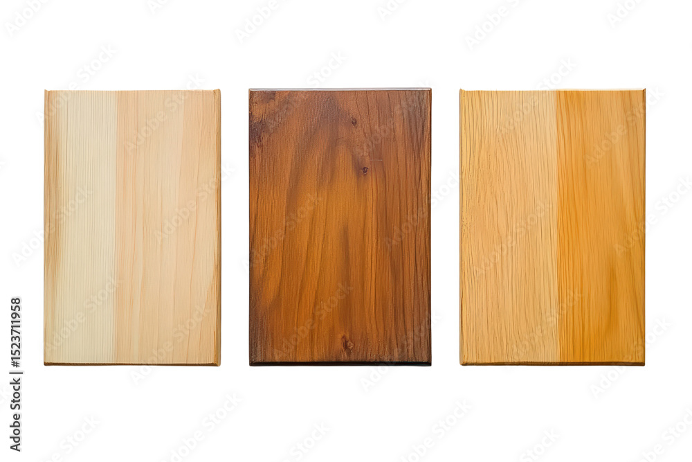 Naklejka premium Three wooden panel samples in different tones, polished texture, lined side-by-side for design, flooring, or material comparison purposes