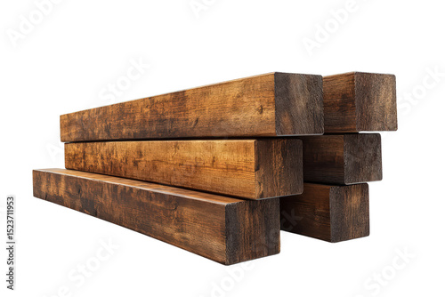  Stack of thick wooden beams, aged brown texture, sharp edges, useful for construction, framing, or rustic decor applications