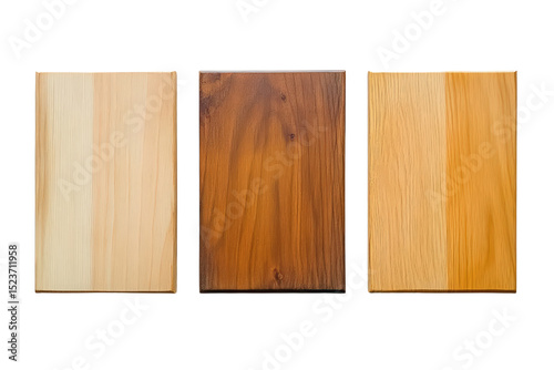  Three wooden panel samples in different tones, polished texture, lined side-by-side for design, flooring, or material comparison purposes